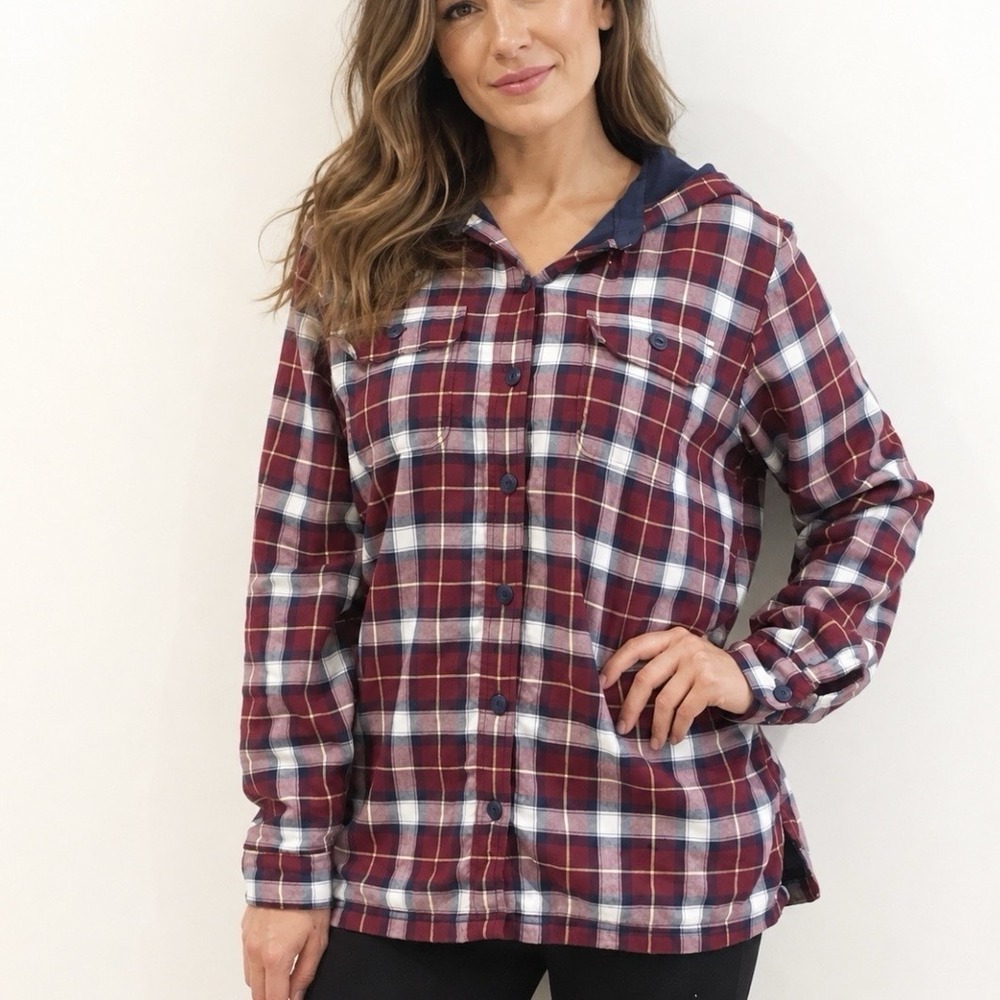LL Bean Plaid Fleece Lined Flannel Hoodie Shirt Jacket Shacket Pockets SMALL PET